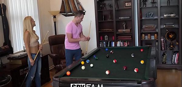  SpyFam Blonde stepmom Laura Bentley fucks stepson on pool table